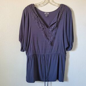 Poetry Peasant Blouse Women's L Gray Blue Short Sleeve Crochet Lace Rayon Boho